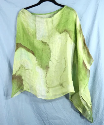 AIRY LINEN Poncho Top Topper GREEN WATERCOLOR Asymmetric ETHEREAL Lagenlook OS - Image 1 of 4