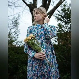 GANNI Pleated Georgette Wide Mini Shirt Dress in Floral Azure Blue EU SIZE 40 - Picture 1 of 7