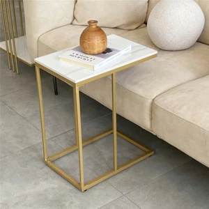 Hard Wearing Gold Sofa Table C Shaped Side End Table Furniture with Marble Top - Picture 1 of 12