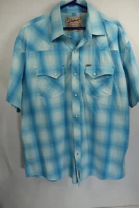 Rafter C Western Shirt Mens XL Large Blue Plaid Pearl Snap Cowboy Short Sleeve - Picture 1 of 9
