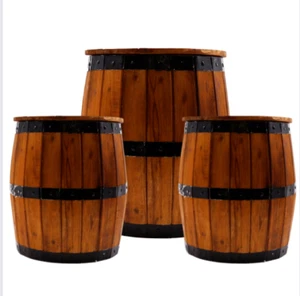 Barrel Table and 2 Stools Set - Garden Pub Bar Man Cave Den Chair Wooden Beer - Picture 1 of 11