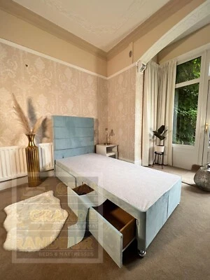 Blue Single Divan Bed 3ft Plush Velvet with Headboard Mattress and storage draws