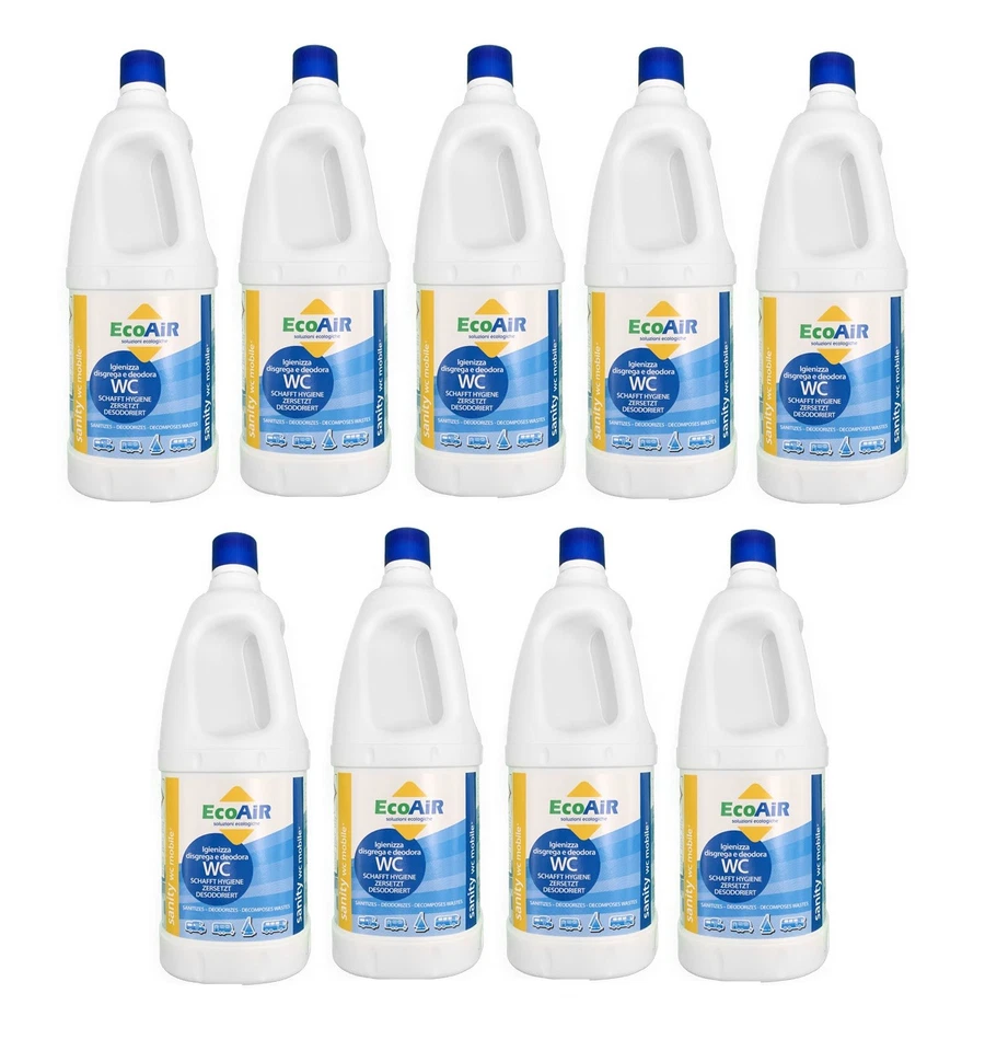 DISGREGANTE SANITY 2 LITRI  WC AQUE NERE CAMPER COMPARABILE AQUA KEM *** 9 PEZZI - Immagine 1 di 1