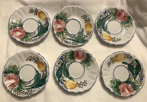 Set of 6 Vintage Nove Rose 6 in Saucers Hand Painted Italian Majolica *CRAZING - Picture 1 of 16