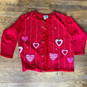 The Quaker Factory Red Knit Valentine Heart Sweater Cardigan Size 1X - Picture 1 of 9