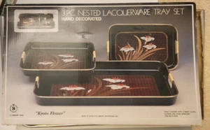 Vintage 3 Piece Nested Lacquerware Tray Set, "Kyota Flower" New in Open old Box - Picture 1 of 8