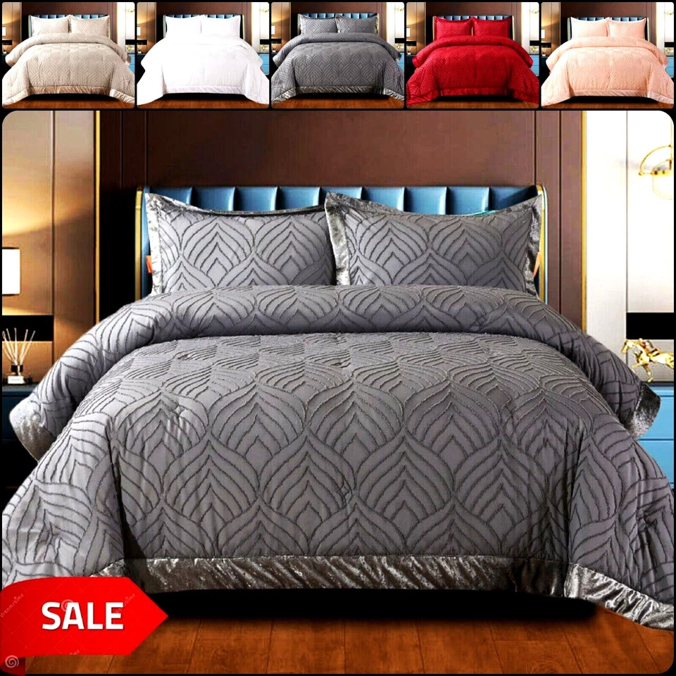 3 Piece Quilted Embossed Bedspread Throw Single Double King Size Bedding Set*