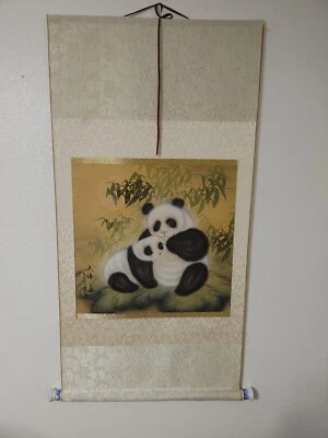 Pintura de pergamino colgante de pared de seda bambú panda acuarela china vintage 23x45 Foto 1 de 4