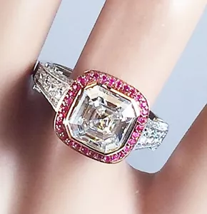 18K WHITE ROSE GOLD ASSCHER CUT AND PINK SAPPHIRE BEZEL ENGAGEMENT RING 2.70CTW - Picture 1 of 8