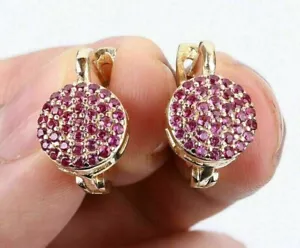 2.10 CT Round Lab Created Ruby Cluster Drop Hoop Earrings 14K Yellow Gold Plated - Picture 1 of 5