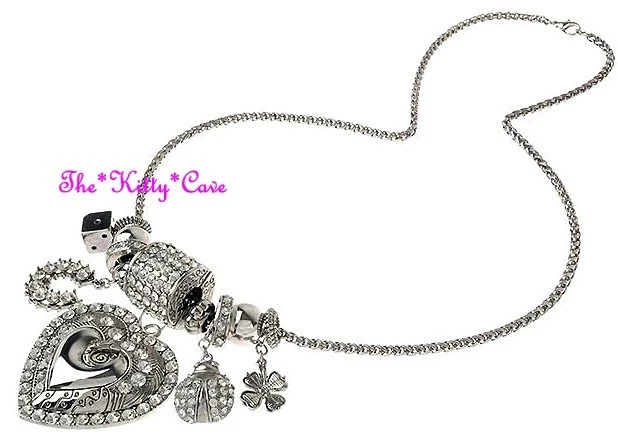 Designer Silver Crystal Heart Ladybug Horseshoe Flower Charms Catwalk Necklace - Image 1 of 1