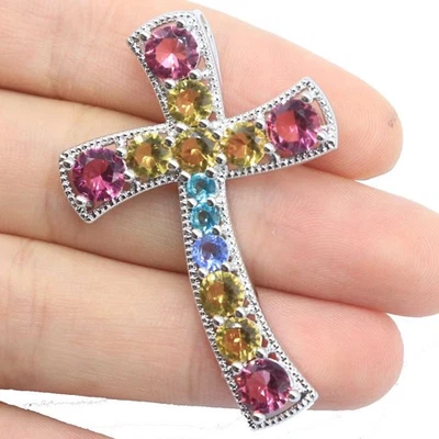 Colgante Multicolor Cruz Rosa Turmalina Citrino Violeta Tanzanita Granate Plata Foto 1 de 2