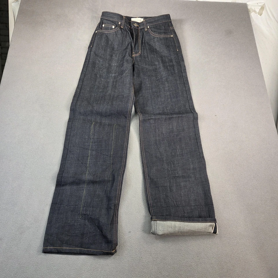 Pantalones de mezclilla para mujer con ribete pierna ancha tiro alto 26x32 índigo rectos holgados relajados Foto 1 de 4