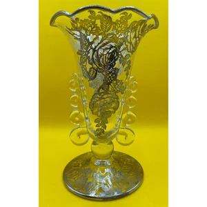 Vintage 40er Jahre Heisey Glas Lariat gekräuselte Top Vase mit Silberüberfang Rosen - Bild 1 von 9
