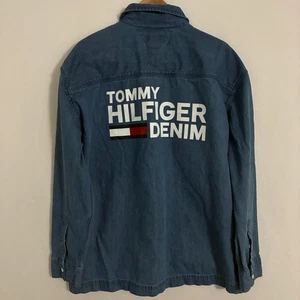 Vtg Tommy Hilfiger Denim Shirt Jacket Mens XL Full Zip Logo Flag Shacket Y2K - Picture 1 of 8