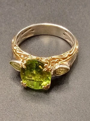 Anillo de peridoto ovalado creado en laboratorio de 3 quilates de oro blanco/amarillo de 14 quilates sobre 925SS talla 11 (SJ120) Foto 1 de 4
