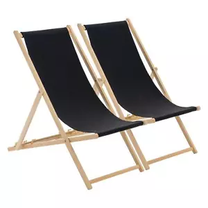 2x Folding Wooden Deck Chairs Adjustable Reclining Canvas Beach Lounger Black - Picture 1 of 7