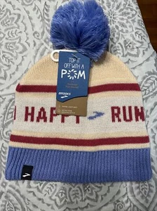 NWT Brooks Run Happy Heritage Pom Beanie Sand Blue Unisex Running Winter Hat - Picture 1 of 3