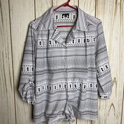 Blusa Milano Mujer Grande Botón Negra Blanca Geométrica Pestaña Enrollable Nudo Frontal Top Foto 1 de 4