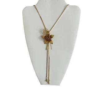 Vintage Gold Tone Flower Lariat Necklace Herringbone Chain 28 Inch Art Nouveau - Picture 1 of 7