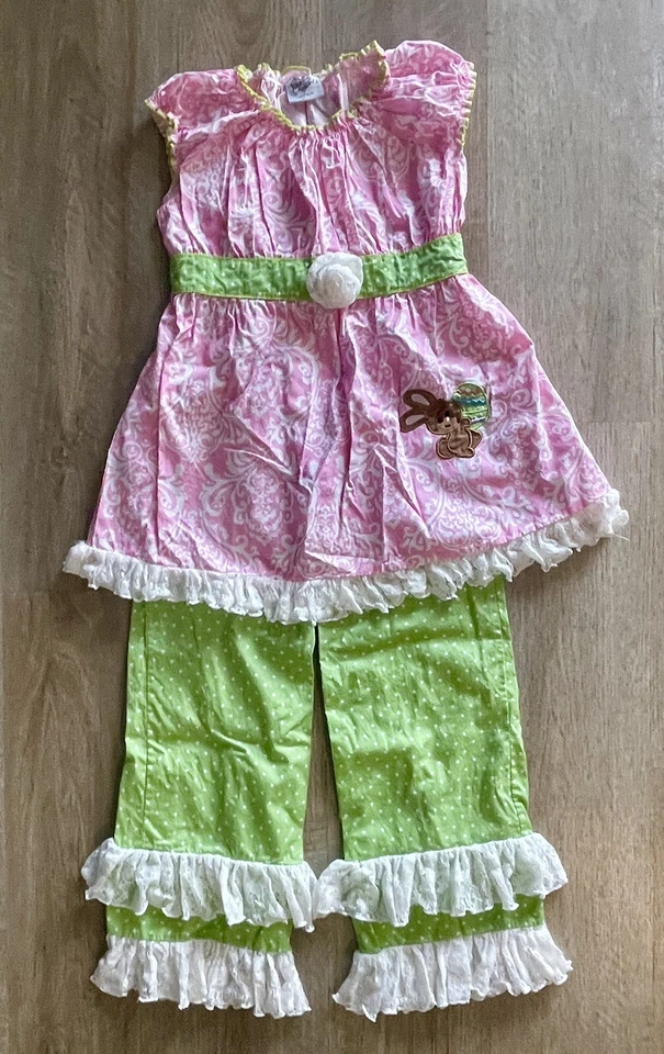 Ann Loren Easter Set Big Girls Size 11/12 Tunic Top & Ruffle Pants Bunny Lace - Image 1 of 4
