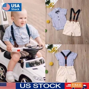 2Pcs Newborn Baby Boy Gentleman Outfits Stripe Shirt Tops Pants Bow Tie Set - Picture 1 of 15