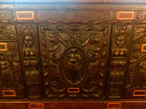 18th Century English Oak Coffer Trunk w) 16TH CENTURY TUDOR RELIEF FACADE! Cover