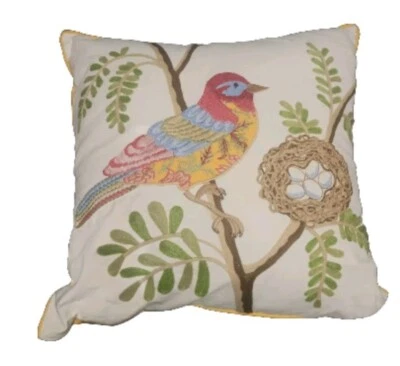 Embroidered  Birds Leaves Pier 1 Embroidered Pillow Nest Back Zip 17x17  - Image 1 of 4