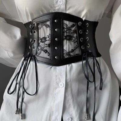 Damen Kunstleder Spitze Spleißung Korsett Mieder Schnürer Breiter Bund Kleid - Bild 1 von 4