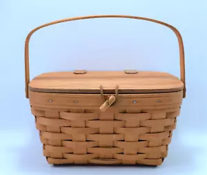 "Cesta de picnic pequeña Longaberger 1999 protector transparente cuero tapa con bisagras 11""" - Imagen 1 de 12
