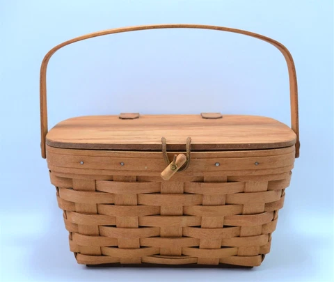 1999 Longaberger  Small Picnic Basket Clear Protector Leather Hinged Lid 11” Cover