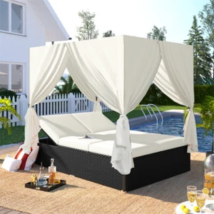 Outdoor Patio Wicker Beige Sunbed Daybed with Cushions & Adjustable Seats 650 lb - Picture 1 of 7