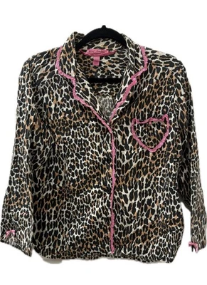 Vintage Y2K Betsey Johnson Leopard Pajama Top, Pink Trim, Heart Pocket, Size SM - Image 1 of 4