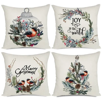 Christmas Decorations Pillow Covers 20x20 Wreath Bird Joy to The World Merry ... - Image 1 of 4