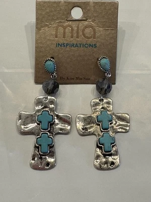 Pendientes colgantes cruzados mia Inspirations para mujer tono plata turquesa MFE5008 BSTQ Foto 1 de 3