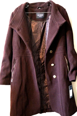 Guess Long Coat Womens M Double Breasted Wool Blend Purple Eggplant Elegant - Image 1 of 4