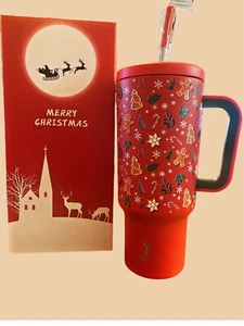 Christmas Tumbler 40 Oz. Red Leakproof Lid Straw Gift Box Holiday Insulated Mug - Imagen 1 de 4