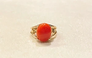 Genuine Natural Hawaiian Tomato Red Oval Cabochon Coral Ring 14k Yellow Gold - Picture 1 of 9