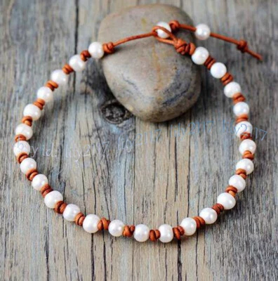 9-10mm Natural White Freshwater Baroque Pearl Brown Leather Rope Necklace 18'' - Image 1 of 4