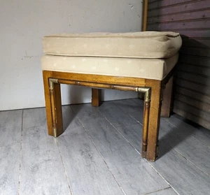 Vintage 1960s Faux Bamboo Beechwood Brass Ottoman Footstool Stool Asian MCM - Picture 1 of 19