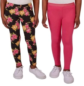 Vigoss Girls 2 Pack Soft Cotton Stretch Leggings Pink Sparkle/Black Roses - Picture 1 of 1