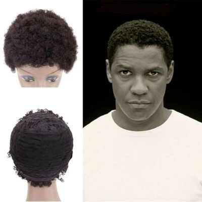 Handmade Afro Curly Toupee for Men Human Hair Black African American Wigs - Image 1 of 4