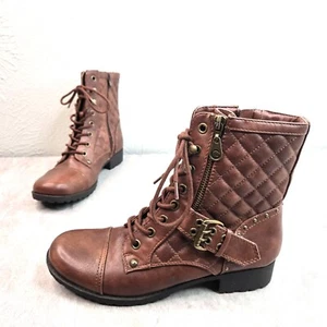 G by Guess Quilted Lace Up Biker Boots Brown Studded Buckle Grunge Combat Bootie - Picture 1 of 12