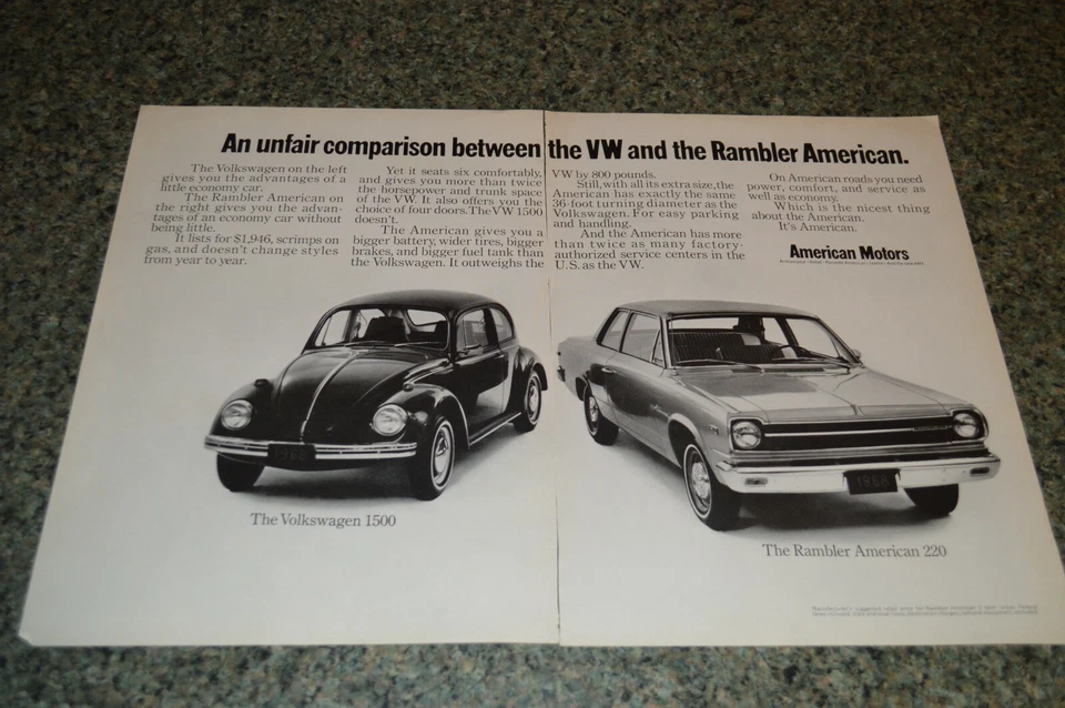 AMC RAMBLER AMERICAN 220 1969/VW Beetle anuncio original impreso anuncio 69 Foto 1 de 1