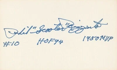 PHIL RIZZUTO SIGNED #10 INDEX CARD INSCRIBED HOLY COW SCOOTER MVP 1950 HOF 94 - Image 1 of 2