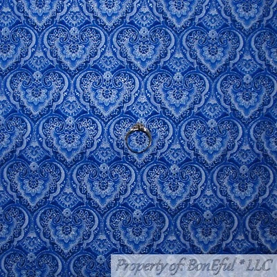 BonEful FABRIC FQ Cotton Quilt Blue Silver Metallic Heart Flower Damask Love NEW - Image 1 of 4