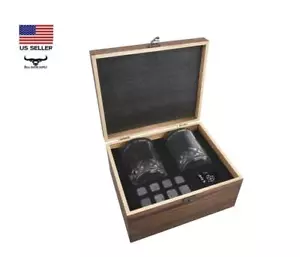 Whiskey Crystal Glasses Granite Stone Ice Rocks Slate Coasters Wood Gift Box Set - Picture 1 of 10