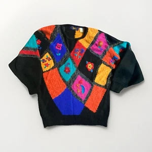 VTG 20 Ans by Mariea Kim M Color‑Block Floral Intarsia Sweater Korea - Picture 1 of 12