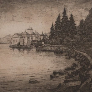 Schloss Chillon Historische Ansicht Schweiz unbekannt signiert Radierung 20 Jhd - Picture 1 of 5