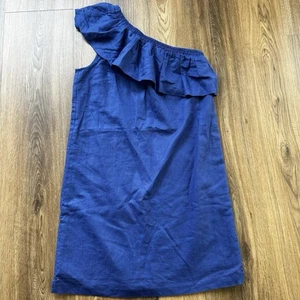J. Crew Ruffled One Shoulder Linen Shift Dress Blue Size XS Lined Cotton NEW - Picture 1 of 7